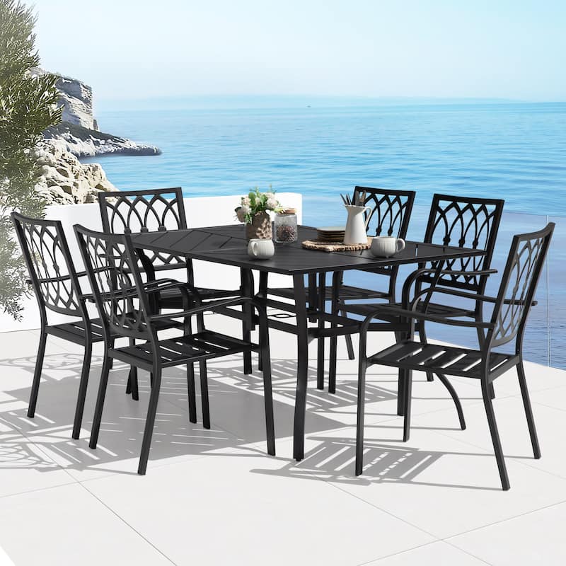 7PCS Metal Rectangle Patio Dining Set with Umbrella Hole, Stackable Design