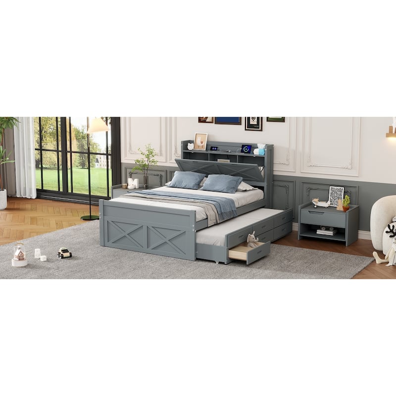 Full Size Wooden Bed with Storage Headboard, Extendable with Twin Trundle and Drawers, Gray