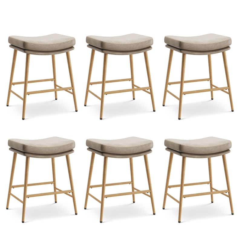RENEWLINE Metal Bar Stools, 24 Inch Backless Counter Height Stools（Set of 2/3/4/6） with PU Leather Seat & Footrest - Set of 6 - Light Coffee