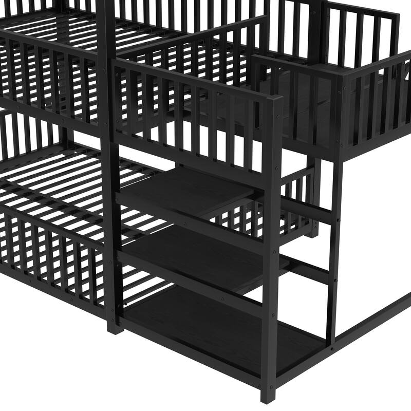 Modern Metal House Bunk Bed with Safety Guardrails, Heavy Duty Metal House Bed Frame with Storage Shelves and Slide