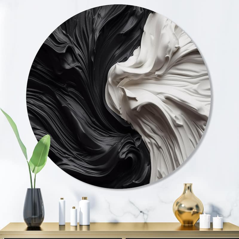 Designart "Black White Marbled Dreamscape V" Modern Geometric Metal Round Wall Art - 36x36 - Disc of 36 Inch