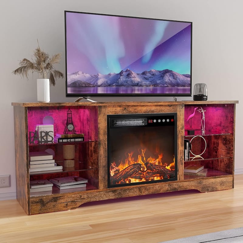 Bossin 58" Fireplace TV Stand with 18'' Electric Fireplace,Modern Entertainment Center for 65'' TVs,TV Cabinet - Brown