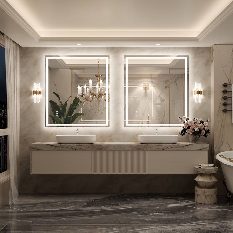 Frameless LED Front Light and Backlit 3 Colors Dimmable Anti-Fog Wall Bathroom Vanity Mirror