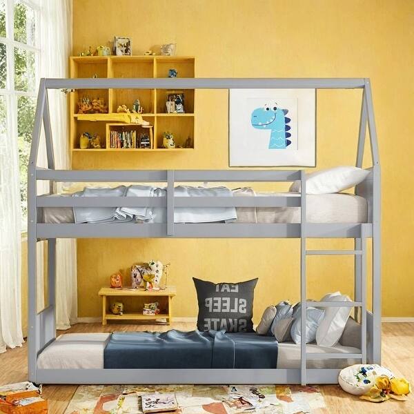 slide 2 of 42, Wooden House-shaped Bunk Bed with Safety Guardrails, Twin over Twin Grey