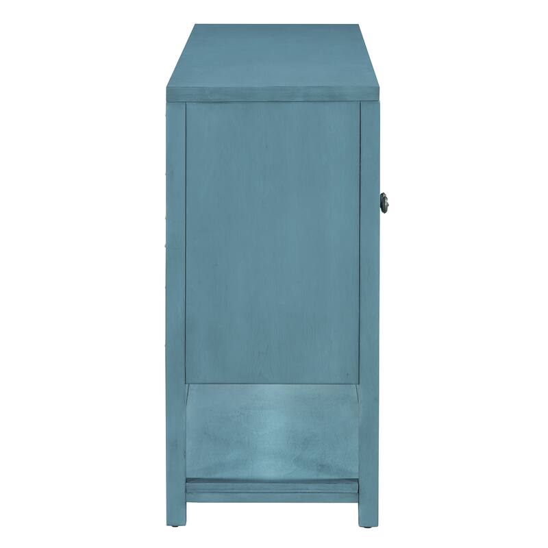60" Retro Wooden Console Table Storage Cabinet with Mirrored Doors, Spacious Shelves and Acacia Wood Legs