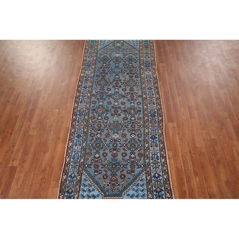 Blue Hamedan Persian Vintage Runner Rug Hand-Knotted Wool Carpet - 3'4" x 9'2"