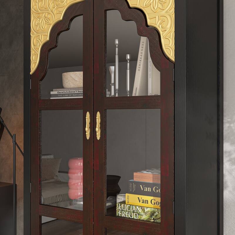 Boho Wood & MDF Display Cabinet with Tempered Glass Doors, Carved Arch Frame & Metal Handle Drawer