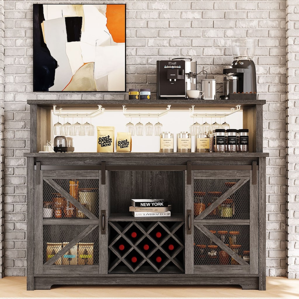 Gymojoy 16-Color LED Bar Cabinet with Wine Rack, White Kitchen Hutch for Coffee Bar & Dining Room, Farmhouse Storage Cabinet