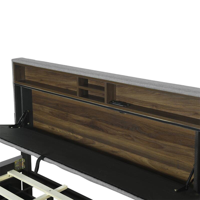 Queen Size Linen Upholstered Platform Bed with Trundle and USB Ports