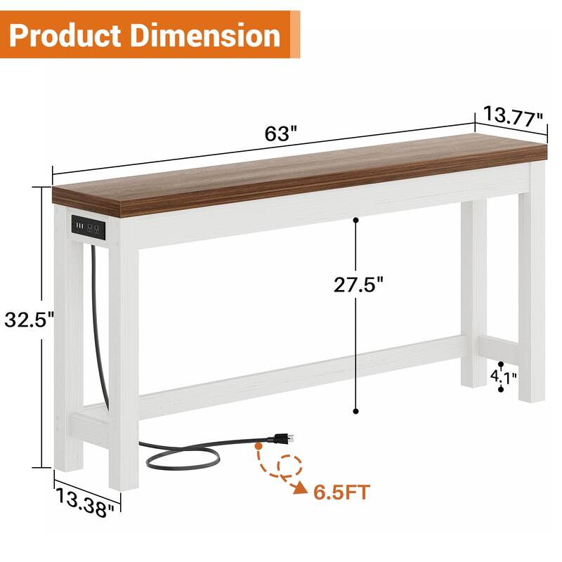 63-In Console Table with Charging Station, Farmhouse Entryway Table/ Behind Couch Table
