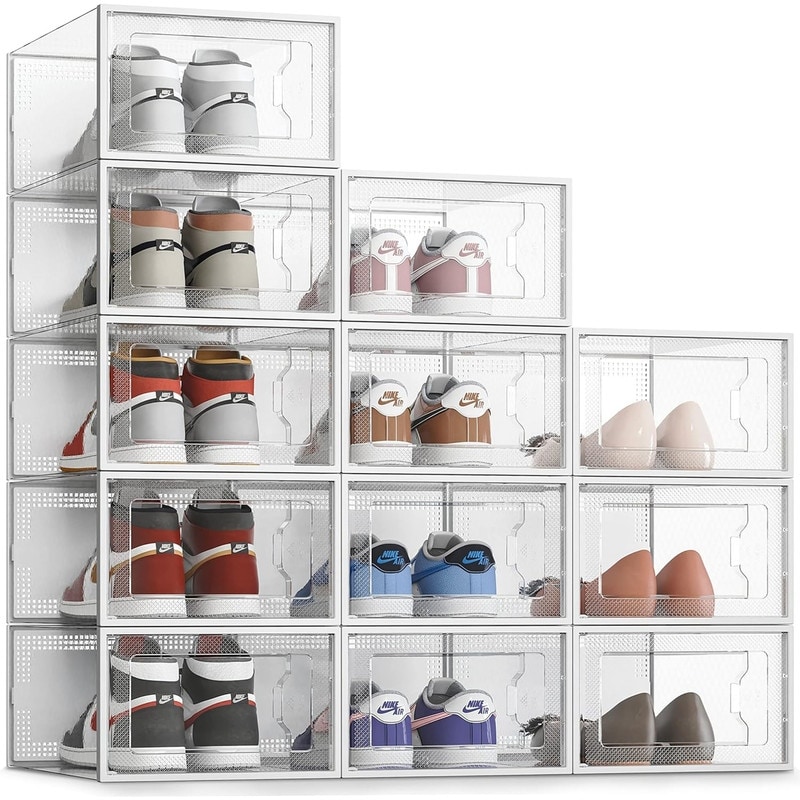 BINO 12-Pack Plastic Stackable Shoe Box Set - Clear | Foldable Shoe Storage  Container | Sneaker Bins | Shoe Rack Box | Transparent | Portable Stacking