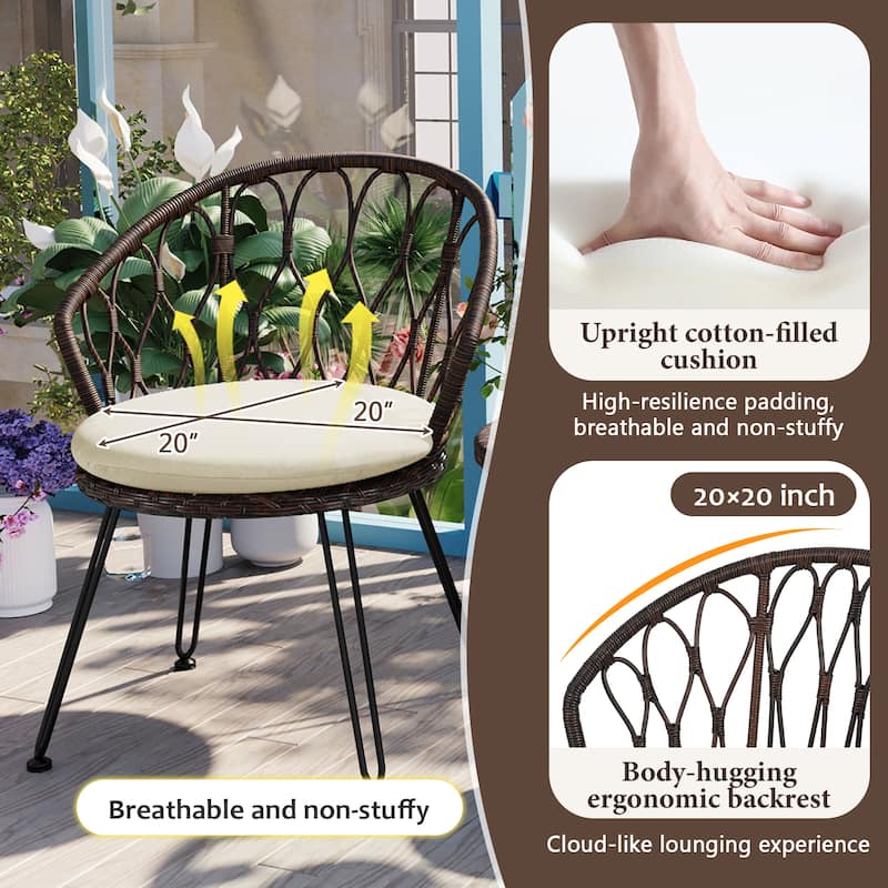 Outdoor Rattan Chairs with Glass Round Table for Patios (Set of 3)