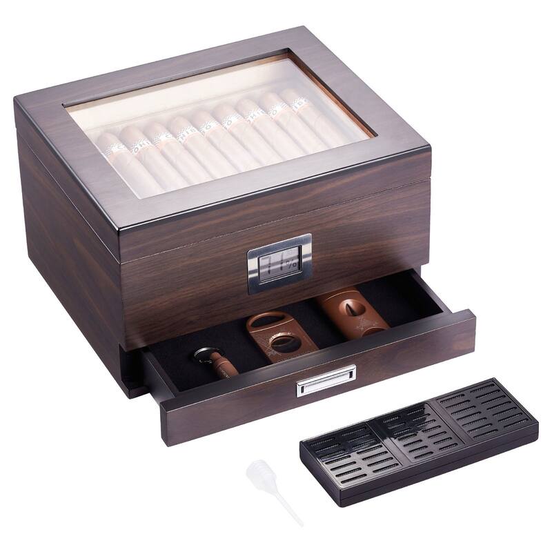 Cigar Humidor, Glass Top Cigar Humidor Box, Handmade Spanish Cedar Wood Cigar Desktop Box, Cigar Storage Case with Humidifier