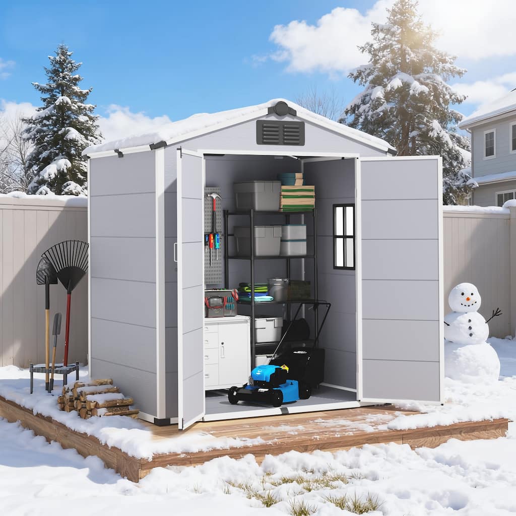 EROMMY Outdoor Storage Shed with Built-In Floor, Lockable Double Doors & Sloped Roof, Gray/Black