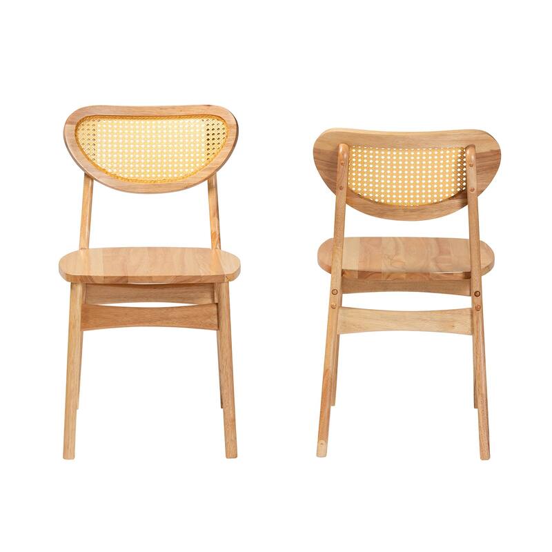 Nenet Mid-Century Modern Oak Brown Finished Wood and Rattan 2-Piece Dining Chair Set