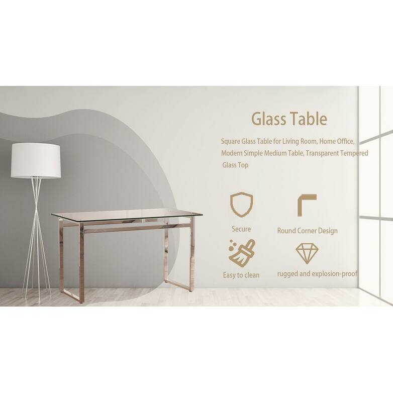 Modern Minimalist Rectangular Glass Dining Table with 0.31" Tempered Glass Tabletop and Silver Chrome Metal Legs