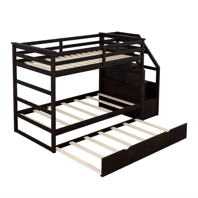 Merax Wood Bunk Bed with Twin Size Trundle and 3 Storage Stairs