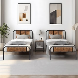 VECELO Platform Kids Bed Frame with Wood Headboard,Twin Size Bed Set of 2