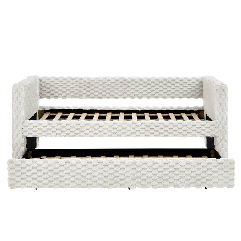 Corduroy Fabric Daybed Twin Size Upholstered Panel Frame Sofa Bed with Pull-out Trundle Bed, Low-Profile Platform Day Bed