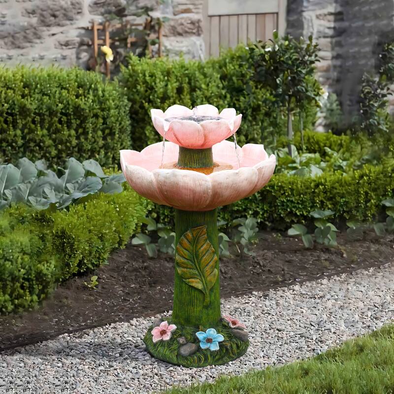 Solar Powered Pink Flower 2-Tier Resin Birdbath Fountain with Lights