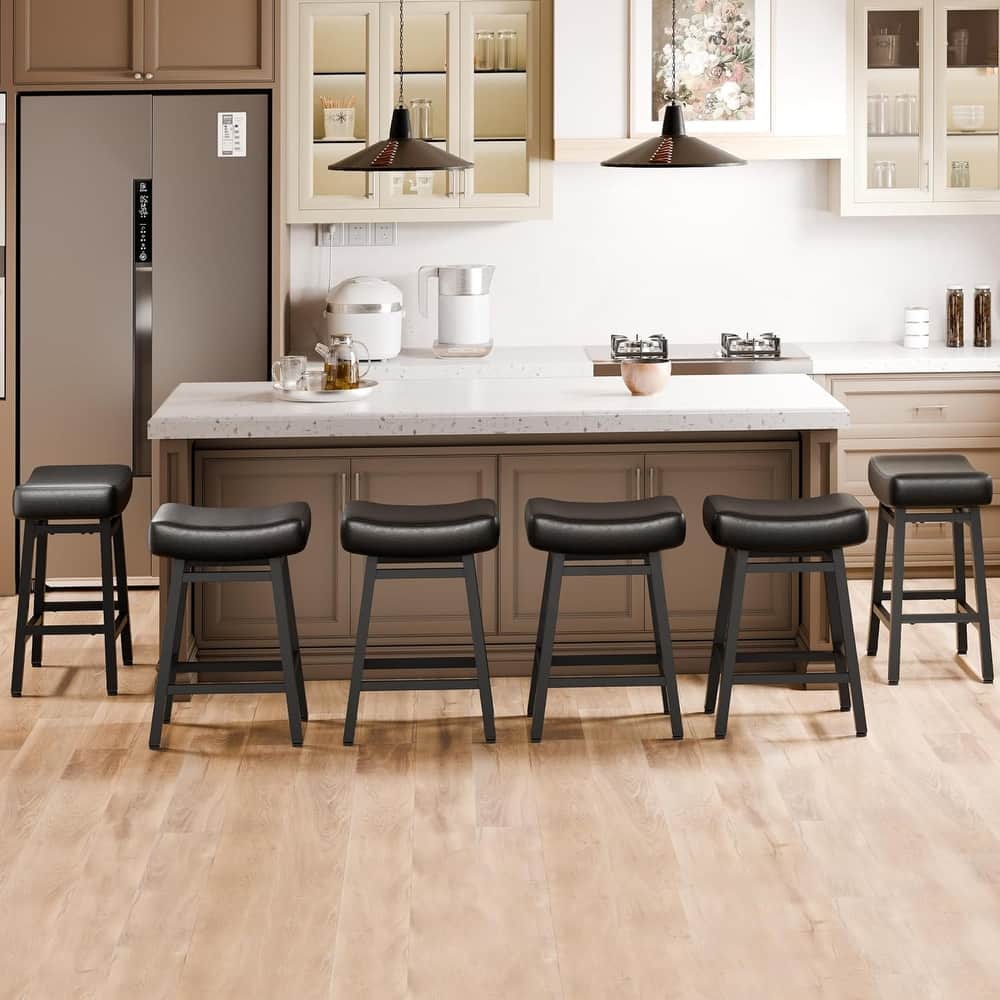 XINMICS 24 Inches Bar Stools, Saddle Kitchen Stools with PU Leather Cushion Counter Height Barstools for Kitchen Dining Cafe