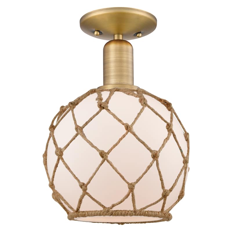 Innovations Lighting 716-1C-12-8 Farmhouse Rope Semi-Flush Farmhouse - Brushed Brass / White Glass with Brown Rope