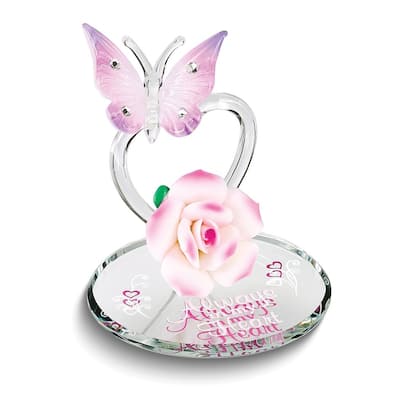 Curata Always in My Heart Butterfly and Pink Rose Handcrafted Glass Figurine