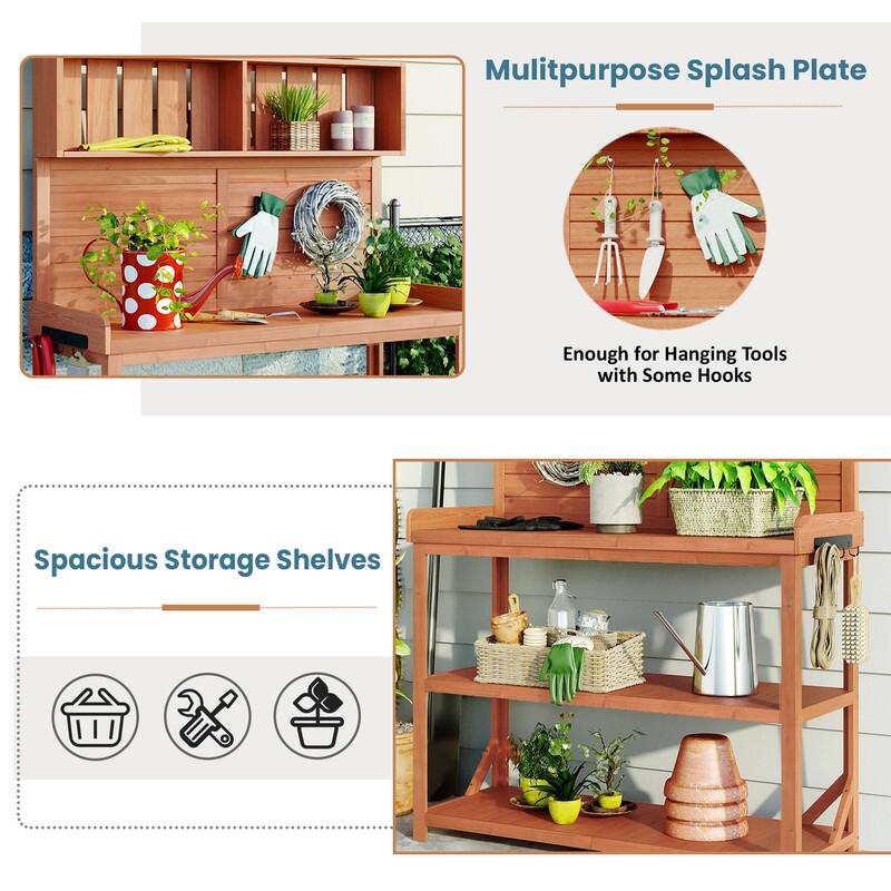 65" Large Wooden Farmhouse Rustic Outdoor Potting Bench Table, Patio Workstation with 4 Storage Shelves and Side Hook