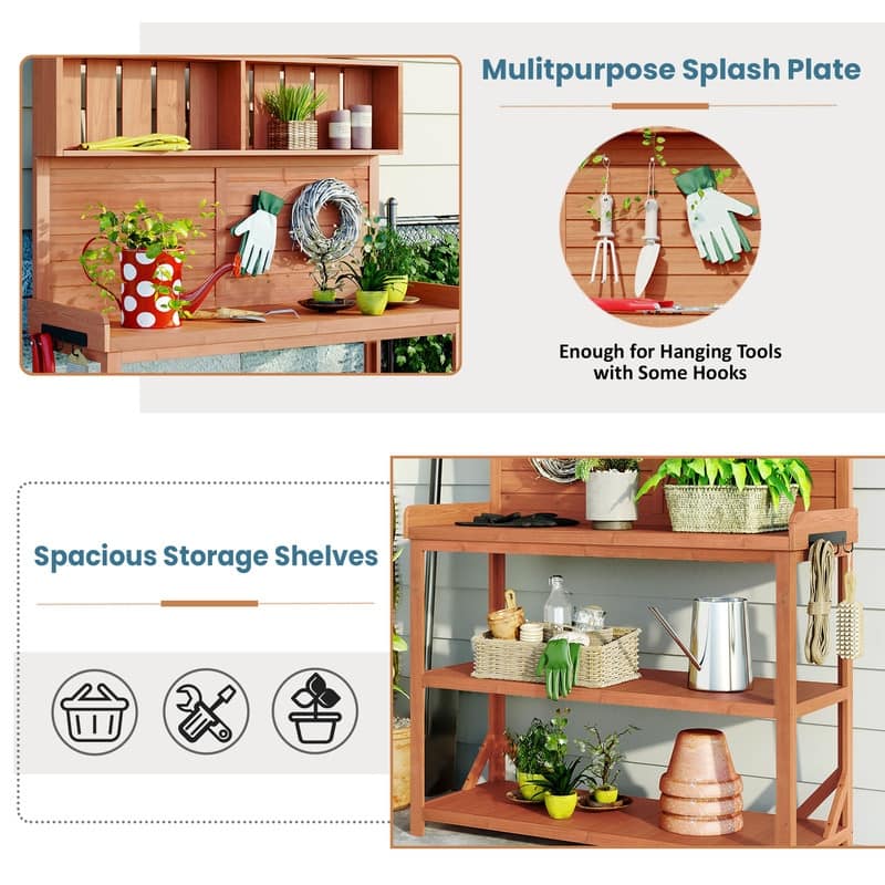 Large Wooden Outdoor Potting Bench Table, Patio Workstation, Garden Potting Bench with 4 Storage Shelves and Side Hook