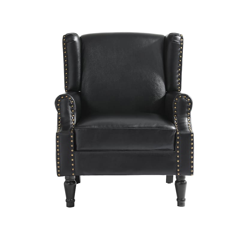 Mid-Century Modern Linen/ Vegan Leather Wing Back Accent Chair