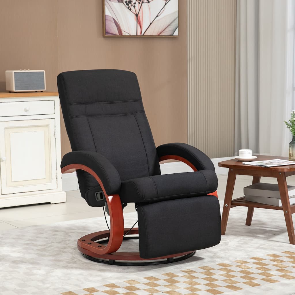 Black Linen Swivel Recliner Chair with Wooden Base and Footrest