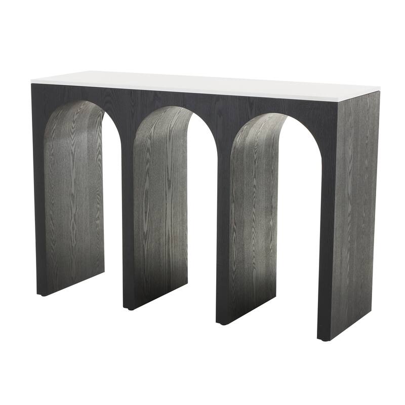 Wood Art Deco Arched Cutout Console Table with White Marble Tabletop - Black - Roche River Decor - 16"W x 47"L x 32"H