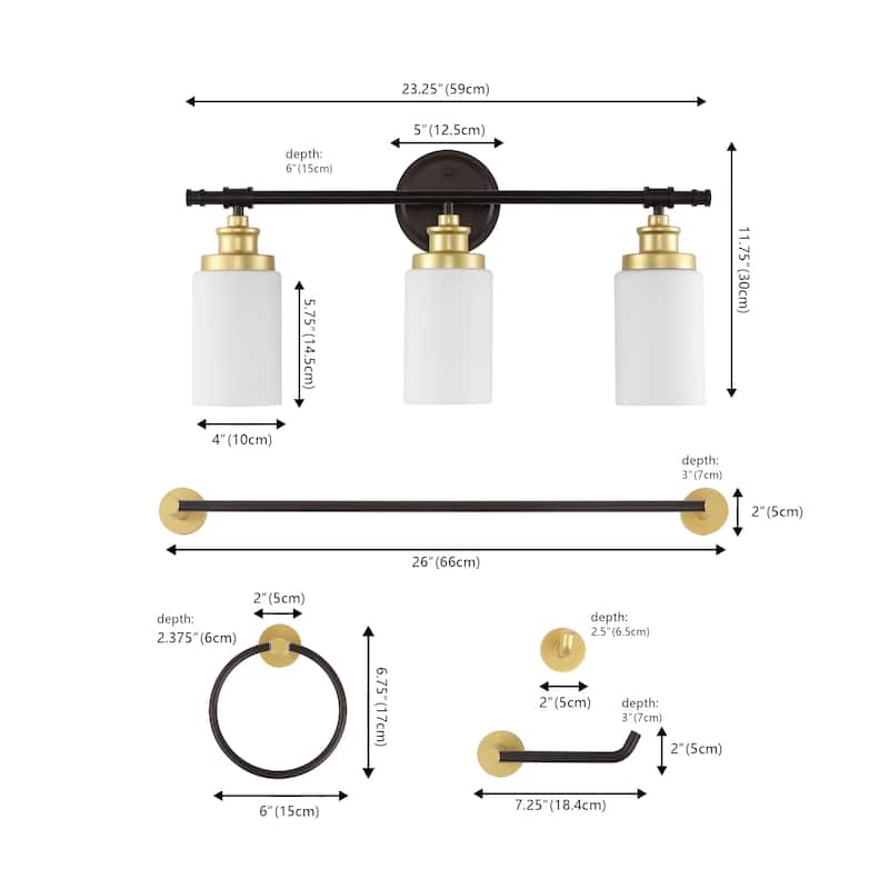 Hugo 23.25" 3-Light Classic Vanity Light with Frosted Glass Shades and Bathroom Hardware Accessory Set, (5-Piece) by JONATHAN Y