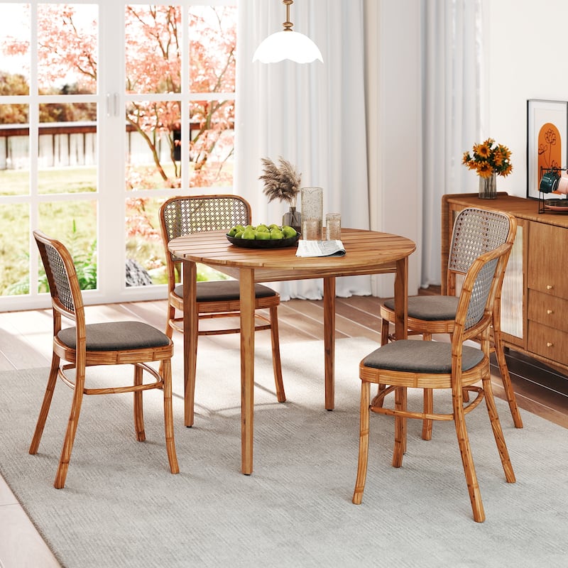 Natural Acacia Wood Round Dining Table Slatted Top for 4 with Foot Pads - 36" L x 36” W x 28" H