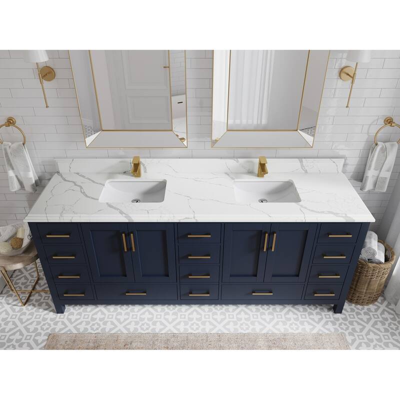 Willow Collection 84 in. W x 22 in. D Malibu Double Sink Bathroom Vanity with Countertop - 1.5" Calacatta Laza - Navy Blue