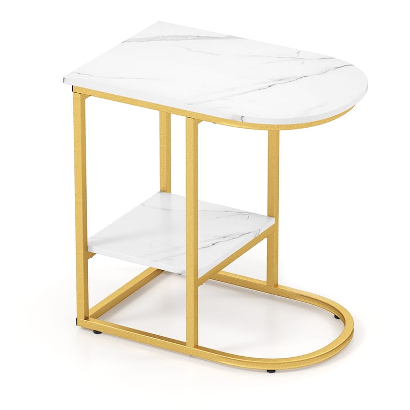 2 Tier Faux Marble C Shaped Bedside End Table with Metal Frame for Living Room Decor or Bedroom - 24" x 16" x 24"