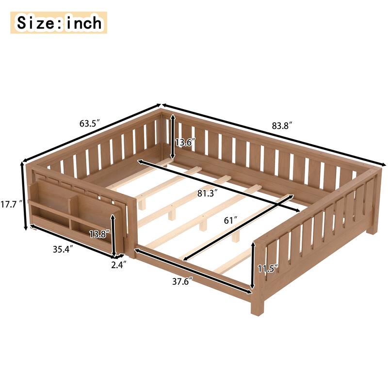 Montessori Floor Bed Low Profile Kids Bed with Rails & Bookshelf