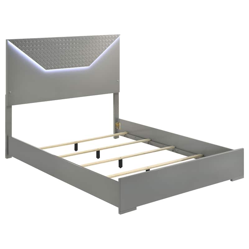 Ivon 4pc Queen Bedroom Set, Diamond Embossed, Gray High Gloss, LED