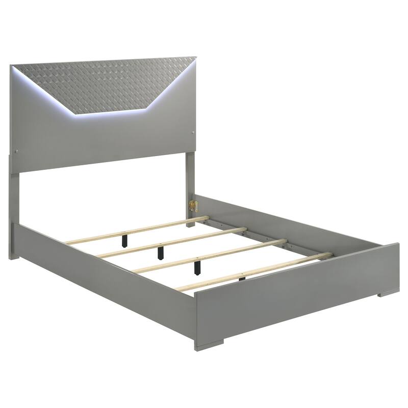 Ivon 5pc Queen Bedroom Set, Diamond Embossed, Gray High Gloss, LED
