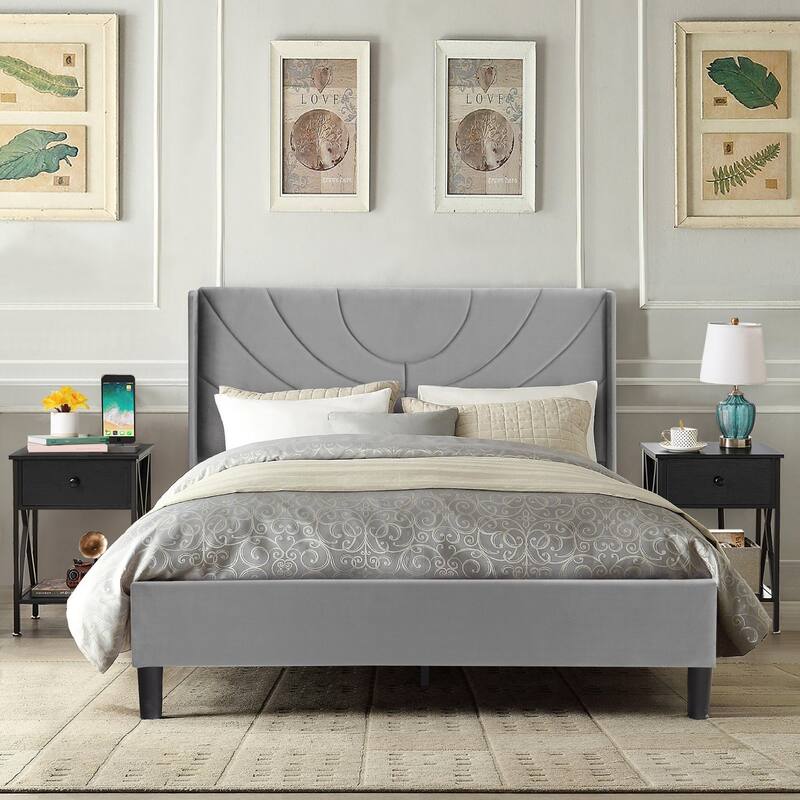 VECELO Bedroom Sets 3-pieces Bedroom Set with Height Adjustable Upholstered Bed and Nightstands Set of 2 - Black - Queen