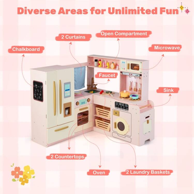 MDF Kids Corner Play Kitchen with Lights, Sounds and Accessories - 40" × 39.5" × 37"
