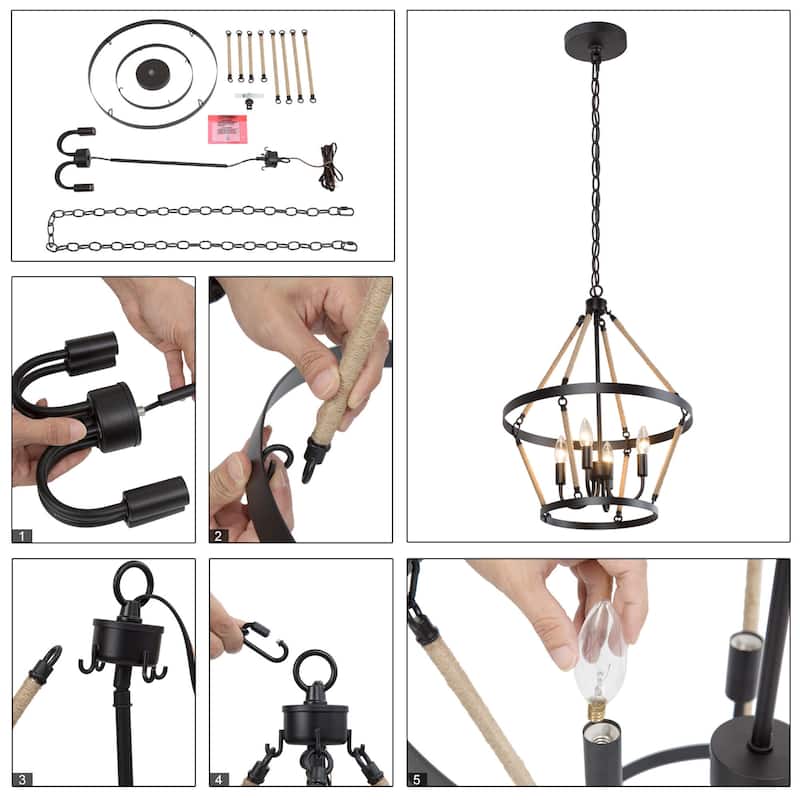 Farmhouse 4-Light Black Cage Wheel Chandelier with Rope Accents for Dining Room - D 17.5"x H 23.5"