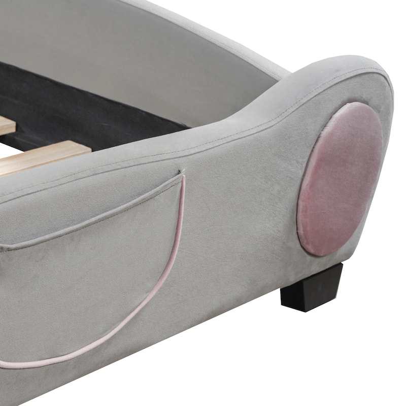 Adorable Twin Size Bear-Shaped Platform Bed - Kid-Friendly Design with Storage, Beige/Gray