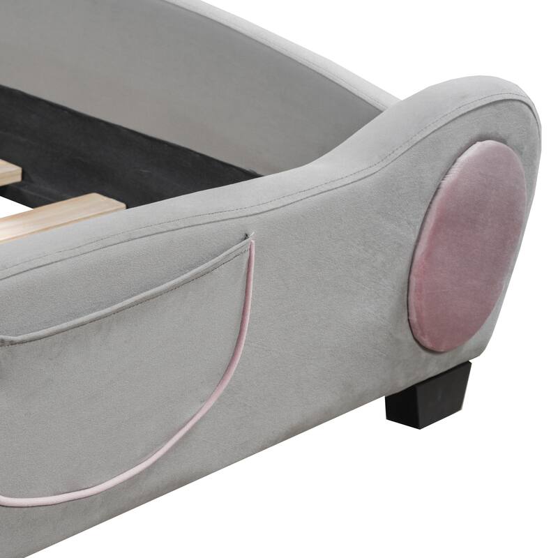 Velvet Upholstered Twin Platform Bed with Bear Headboard and Storage Pockets - Fun and Functional Bed for Kids, Easy Assembly