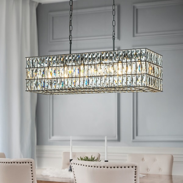 Modern Luxury 6 Light Matte Black Rectangular Chandelier with Diamond Crystal Accents for Kitchen Island Dining Elegance