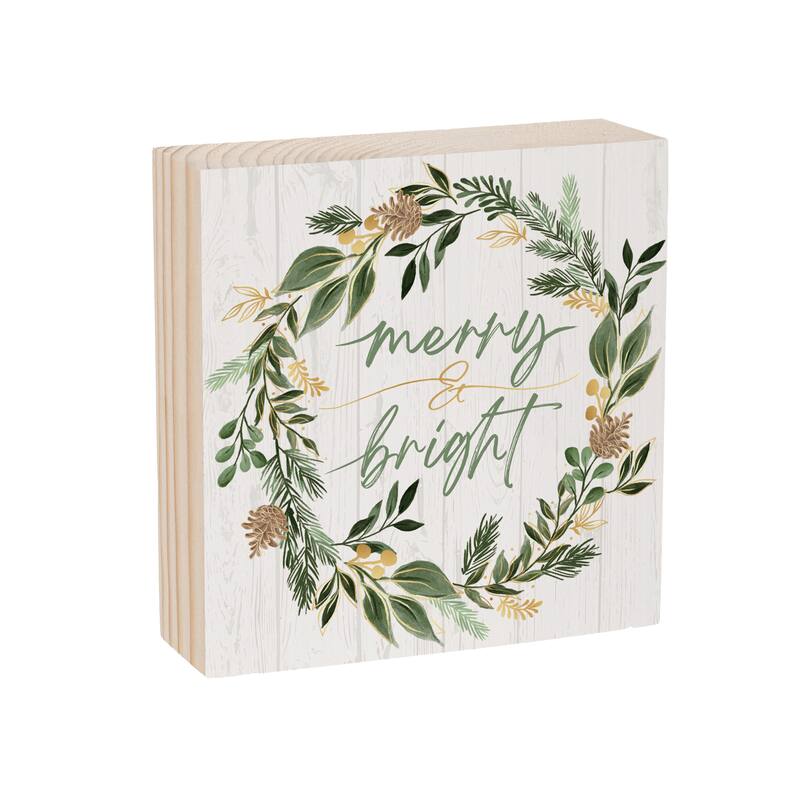 Shades of Green Sign Wood Block - "Merry & Bright" - 6" x 6" - Multicolor