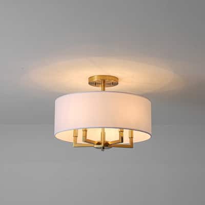 4-Light Mid-Century Modern Gold Semi-Flush Mount Light with White Drum Shade for Bedroom/Living Room