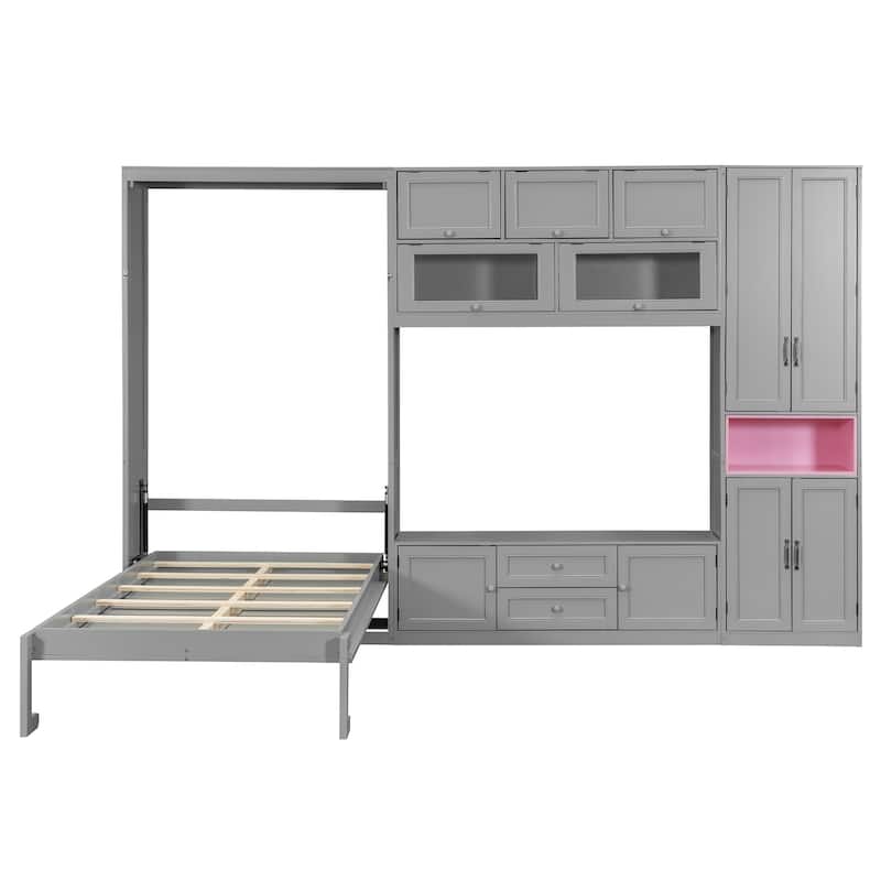 Space Saving Twin Murphy Bed, Wall Bed Unit with TV Console, Drawers and Storage Cabinets