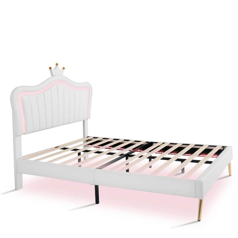 Modern Crown Headboard Upholstered Bed Frame with LED Lights