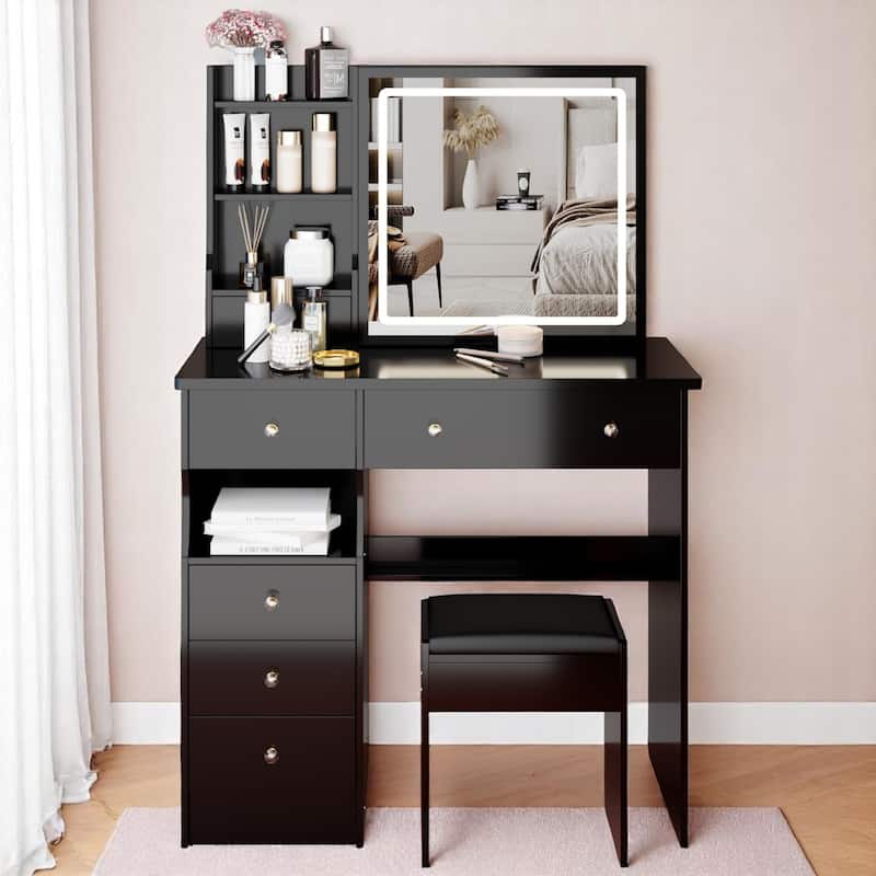 KISRAIS Fashion Vanity Desk with Mirror and Lights, 3 Color Lighting Brightness Adjustable - Black